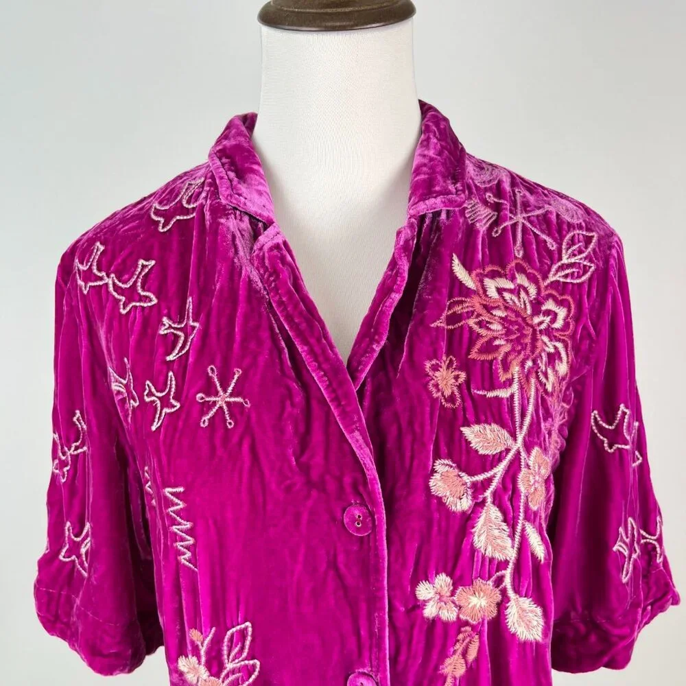 NWOT Johnny Was Velvet Silk Blend Floral Embroidered Button Shirt Blouse Size S_3